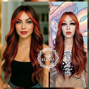 Fantastic Long Curly Hairstyle Ombre - Mahogany Brown and Titian Orange Color Wig, Wigs, Unique Wig, Ombre Long Wig, Fantasy Wig, Gothic Wig