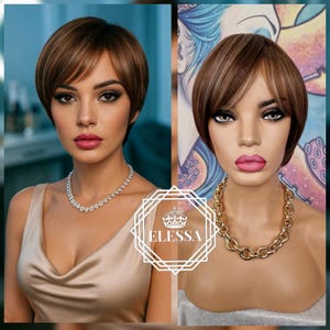 Short Sand Mix - Natural Brown and Light Blonde Color Wig with Bangs, Wigs, Short Wigs, Natural Wigs, Synthetic Wig, Wig with Bangs, Brown