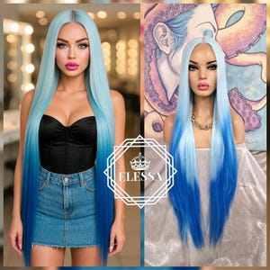 Alien Beauty Extra Long Boutique Lace Front Straight 100cm Gradient Wig - Soft Light Blue / Dark Blue Mix Cute Sweety Cloud Premium Hair