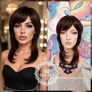 Beautiful Medium Retro Chic Hairstyle 90 Mix - Caramel Brown / Black Color Wig with Bangs, Wigs, Vintage Wig, Retro Fashion Wig for Women