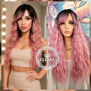 Wonderful Extra Wavy Hairstyle Long Ombre - Black and Pink Color Wig with Bangs, Wigs, Ombre Wig, Doll Lolita Cute Wig, Princess Pink Style