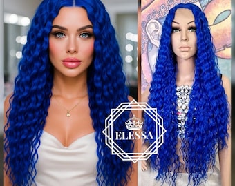 Beautiful Lace Front LUXURY Long Ariel / Wavy Hairstyle Royal Blue Color Wig, Wigs, Lace Front Blue Wigs, Fairy Wig , Fantasy Wig, Mermaid