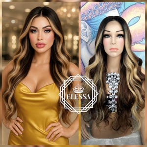 Lace Front LUXURY Long Balayage / Shatush - Black Root and Chocolate Brown / Blonde Mixed Color, Wigs, Natural Style Fashion Wig, Curly Wigs