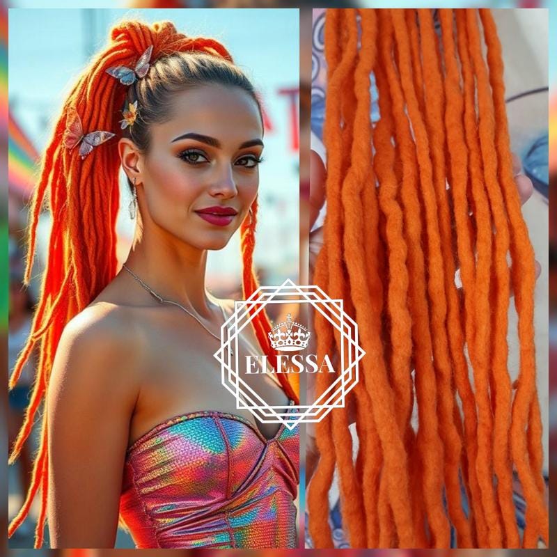 Amazing Long Handmade Ponytail with Irish Wool Dreadlocks Sunny Orange Color with Elastic, Rasta Ponytail, Irish Extensions Dreadlocks