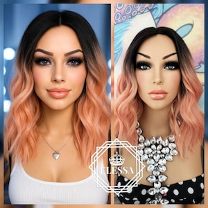 Medium Wavy Hairstyle Ombre - Dark Brown almost Black Root and Light Pink / Peach / Salmon Pink Mixed Color Wig, Wigs, Natural Wigs,Pink Wig