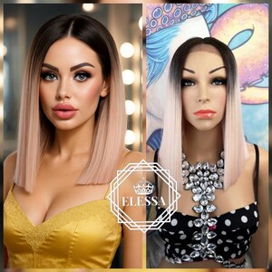 Lace Front LUXURY Medium Bob Hairstyle Ombre - Dark Brown Root and Light Creamy Pink Color, Lace Frontal Wig, Sexy Pink Fashion Chic Wig