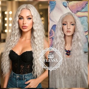 Incredible Long Wavy Volume Hairstyle Lace Front LUXURY Platinum Ash Blonde Color Wig with Trendy Bangs, Wigs, Sexy Platinum Blonde Lace Wig