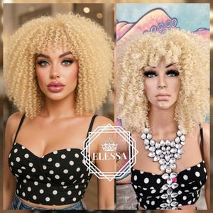 Fantastic Medium Curly / Kinky Fluffy Super Cute Sweet Cotton / Light Blonde #613 Color Afro Wig with Bangs, Wigs,  Curly Doll Fashion Wig