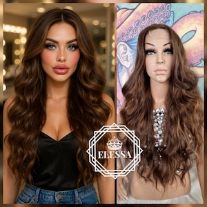 Schöne Lace Front LUXURY Lange Mischfarbe - Naturbraun und Dunkelblonde Perücke, Perücken, Kunstfaser-Perücke, lange natürliche braune Perücke