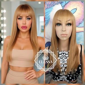 Long Straight Blonde Sand Mixed Color - Dark Blonde / Golden Blonde Mix with Bangs, Wigs, Beautiful Long Wigs, Ladies Wigs, Natural Wig,