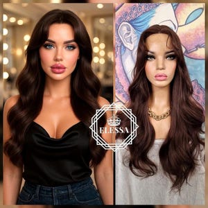 Experience effortless elegance Gorgeous Lace Front Wig – featuring a charming chic look , casually wavy, soft curtain bangs Chocolate Brown