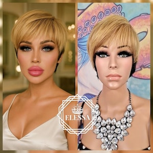 Peluca corta unisex estilo pixie/emo/punk bicolor: mezcla de rubio dorado y negro con flequillo. Peluca corta pixie rubia dorada.