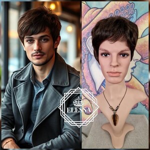 Amazing Short Daily Haircut Fashion Natural Brown 6Color Wig for Men with Bangs, Performance Wig, Cute Wig, Retro Stylish Wig,  Unisex Wig