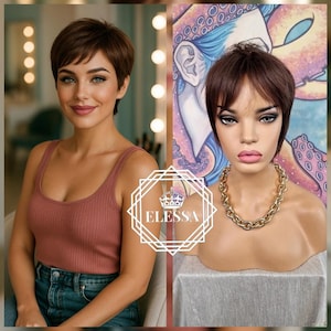 Amazing Short Natural Straight Hairstyle Mahogany Brown Mixed Color Wig with Bangs, Wigs, Short Natural Wig, Fashion Wig for Her, Retro Wig