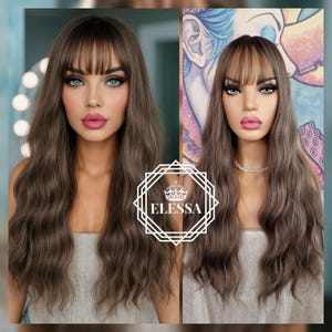Long Ombre Wig with Bangs – Dark Brown to Smoky Blonde/Grey, Wavy Hair, Adjustable Cap, Natural Look, Everyday Wig for Women, Feminine Wig