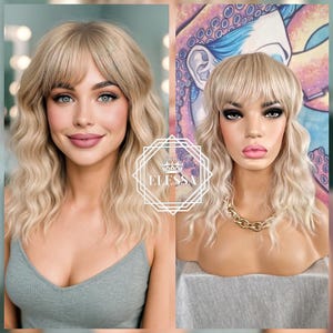 Retro Mullet Chic Medium Wavy Hairstyle Balayage - Natural Blonde and Light Blonde Mixed Color Wig, Wigs, Fashion Wig, Vintage Wig, Retro