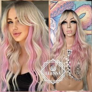 Incredibly Adorable Long Fallings Wavy Hairstyle Wig in Ombre - Natural Brown Root / Light Blonde / Sweet Light Violet Pink with Bangs, Wigs
