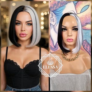 Performance Cute Hairstyle Straight Bob Two-Tone Wig-Black/Snow White Design Cruella, Movie Wig , Theater Wig, Performance Show Cabaret Wig