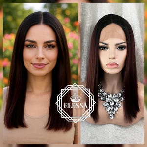 Lace Front LUXURY Medium Bob Straight Hairstyle Ombre - Black / Burgundy Red Color Wig , Wigs, Ombre Bob Wig, Natural Wig, Dark Red Wigs