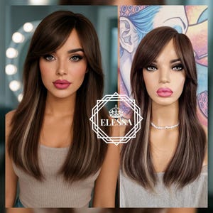 Lange Kastanienbraune Perücke mit blonden Highlights, natürlicher Look, eleganter Pony, Alltagskleidung, modische Perücke, stilvolle Perücke für Frauen, feminine Perücke