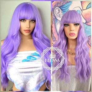 Amazing Cute Fantasy Long Wavy Hairstyle Light Purple Color Wig with Bangs, Wigs, Anime Wig, Kawaii Wig, Mermaid Wig, Fairytale Candy Wig