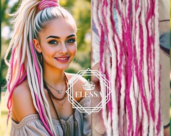 Amazing Long Handmade Ponytail with Irish Wool Dreadlocks Bonbon Pink / Milky White Mix Color with Elastic, Cute Dreadlocks Extensions Pink