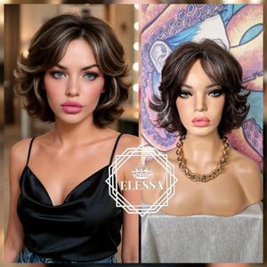 Amazing Short Curly Retro Vintage Hairstyle Natural Brown and White Blonde Mixed Color Wig with Bangs, Wigs, Natural Look Wig, Wig for Queen