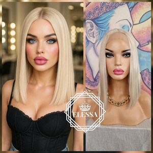 Lace Front LUXURY Medium Straight Bob Hairstyle Light Blonde / Linen Gold Color Wig , Lace Frontal Blonde Wigs, Wig No Bangs, Sexy Bob Wig