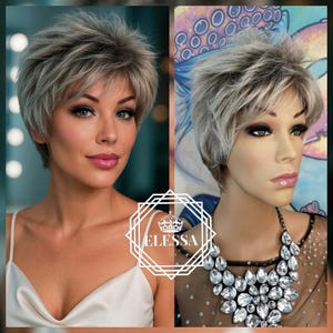 Peruca curta natural balayage cinza prateado e marrom, perucas, peruca de moda diária, peruca de estilo retrô, peruca curta para mulheres, peruca curta para homens