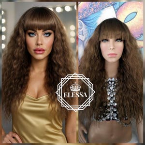 Gorgeous Long Wavy Hairstyle Ombre - Black Root and Natural Chestnut Hair Color Wig with Bangs, Wigs, Ombre Wigs, Fashion Wig, Lolita Wig