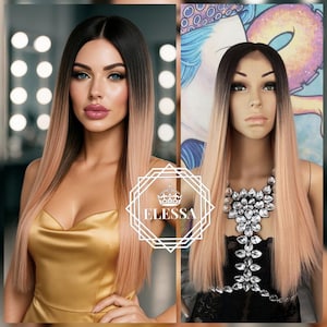 LUXURY Lace Front Long Wig, Wigs, Ombre Straight Light Pink and Root Brown, Sexy Pastel Wig, Salmon Color Wig, Daily Fashion Hairstyle Wig