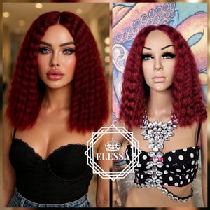 Amazing Medium Retro Wavy Hairstyle Burgundy Red Color Daily Wig, Wigs, Natural Wig, Chemo Wig, Wig for Women, Wig for Everyday Wear