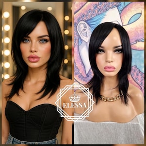 Beautiful Elegant and Daily Fashion Medium Straight Womens / Unisex Wig in Natural Black Color with Bangs Curtain Style, Quality Daily Wig