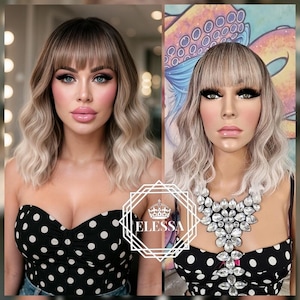 Amazing Medium Wavy Bob Hairstyle Balayage - Natural Brown and White Blonde Mixed Color Wig with Bangs, Wigs, Fashion Wig, Wig for Everyday