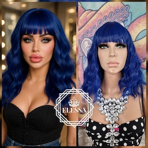 Fantasy Medium Wavy Hairstyle Dark Blue Mixed Color Wig with Bangs, Wigs, Pastel Girl Wig, Kawaii , Scene Wig, Fairy Wig, Gothic Wig, Anime