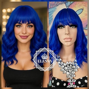 Mittlere gewellte Frisur Bob Königsblau Farbe Perücke mit Pony, Perücken, Blaue Perücken, Party Perücke, Szenenperücke, Gothic Perücke, Kawaii Perücke, Pastellperücke, süße Perücke