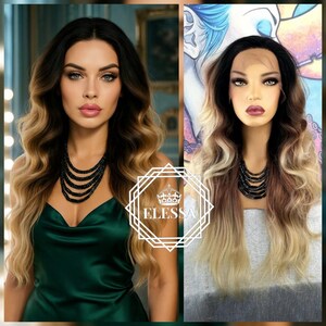 Lace Front LUXURY WIG Natural Human Hair Blend Wig ,Balayage Ombre Black, Brown, Blonde Amazing Model Long Wig, Daily Fashion Hairstyle Wigs