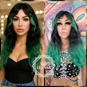 Super Cute Medium Wavy Daily Fashion Hairstyle Gradient Black / Green Color Wig with Fluffy Bangs, Wigs, Emo Wig, Kawaii Fairy Wig, Harajuku