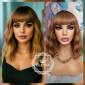 Medium Bob Wavy Hairstyle Ombre - Black Root and Light Brown #30 / Dark Blonde #27 MIX Color Wig with Bangs, Wigs, Natural Wig, Everyday Wig