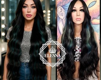 Peruca de renda frontal LUXO extra longa e ondulada, natural, preta