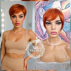 May include: A short, orange-red wig styled with a side-swept bang. The wig is displayed on a mannequin head with a pearl necklace. The image also shows a woman wearing a beige crop top and skirt. The logo "ELESSA" is visible.
