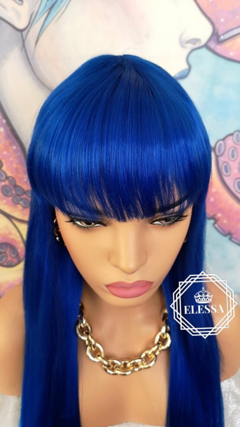Long Straight Dark Royal Blue Color Wig With Bangs Wigs Blue Etsy