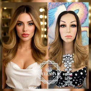 Medium Elegant Natural Retro / Modern Hairstyle Ombre - Natural Brown Root and Dark Blonde / Golden Light Blonde Mixed Color Wig, Wigs