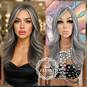 Stunningly Beautiful Long Gray Mix - Black / Silver White Blonde Color With Bangs Wig For Chic Lady, Wigs, Long Fashion Wig, Natural Wig
