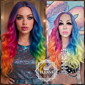 Fabulous Magnetic Fantasy Hairstyle Long Curly Lace Front Luxury Wig Color Gradient Rainbow, Princess , Mermaid, Drag Queen, Gothic, Fairy