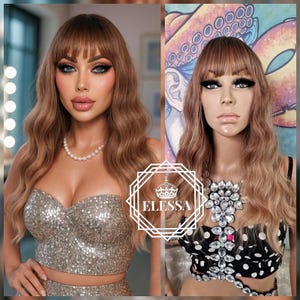 Fabulous Sophisticated Casual Medium Wig with Bangs Color Balayage -Natural Brown/Unstrained Dark Blonde Mix, Cat Walk Fashion Wig for Queen