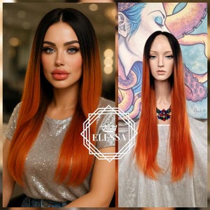 Lace Front LUXURY Long Straight Ombre - Black Root and Bright Orange Color Wig, Wigs, Famous Fashion Style Ombre Wig, Wig for Everyday Wear
