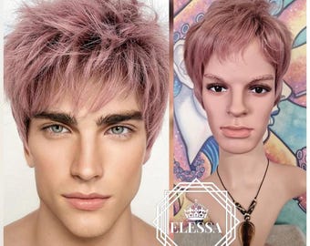 Amazing Short Ombre - Natural Brown Root and Ash Pink Color Wig for Men with Bangs, Wigs, Wig for Men, Wig for Boy, Costume Wig,Punk Emo Wig