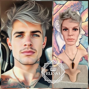 Modern Fashion Straight Short Hairstyle Smokey Light Grey Color Wig for Men, Wigs, Wig for Men, Wig for Boy, Natural Short Wig , Punk Wig