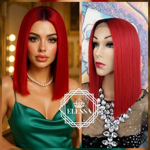 Lace Front LUXURY Medium Straight Sexy BOB Hairstyle Ombre Black and Red Wig, Wigs, Wig for Women, Natural Wig, Daily Fashion Wig, Gothic
